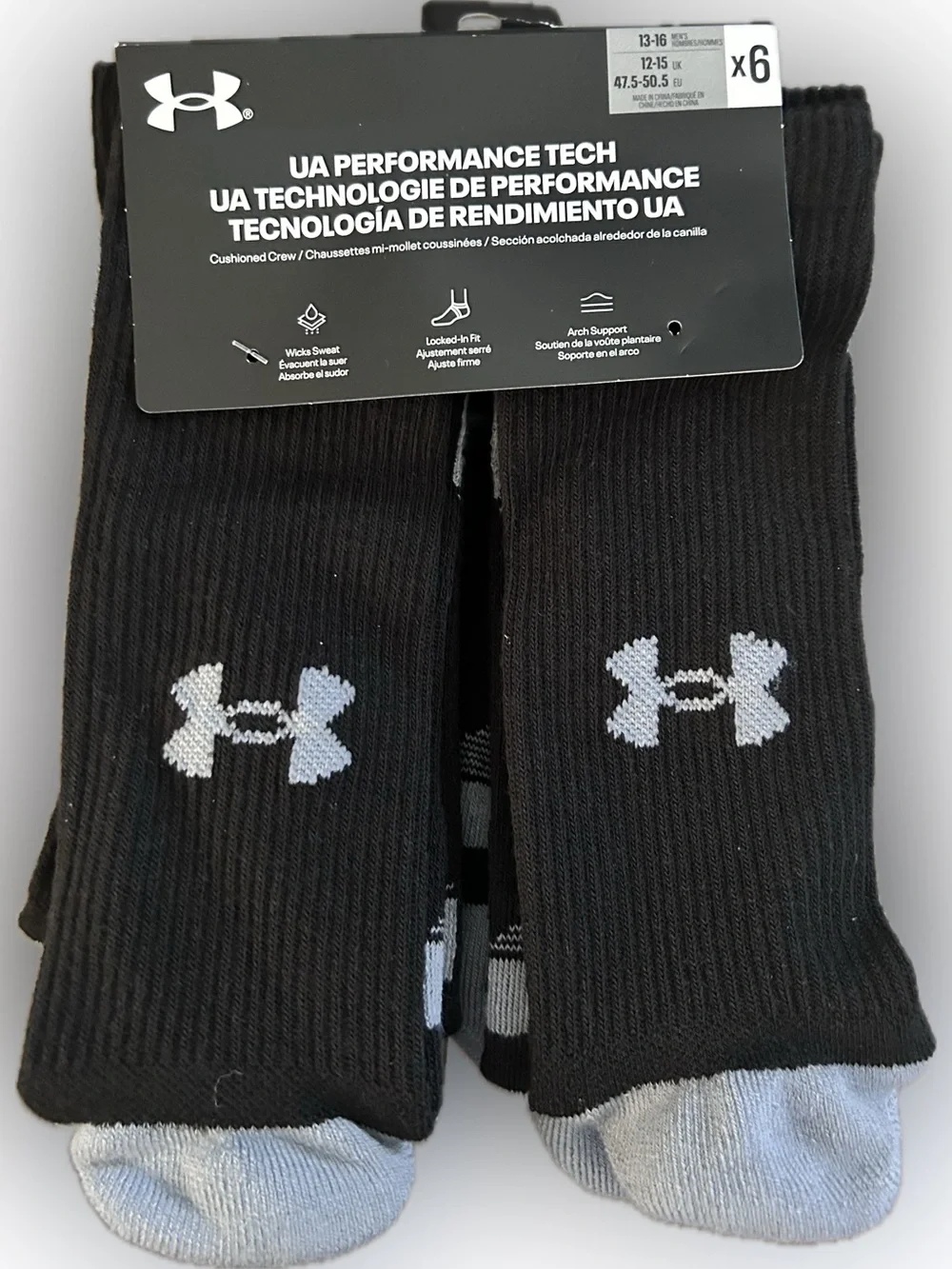 Under Armour Black Crew Athletic Socks with Gray Accents (6 Pack)